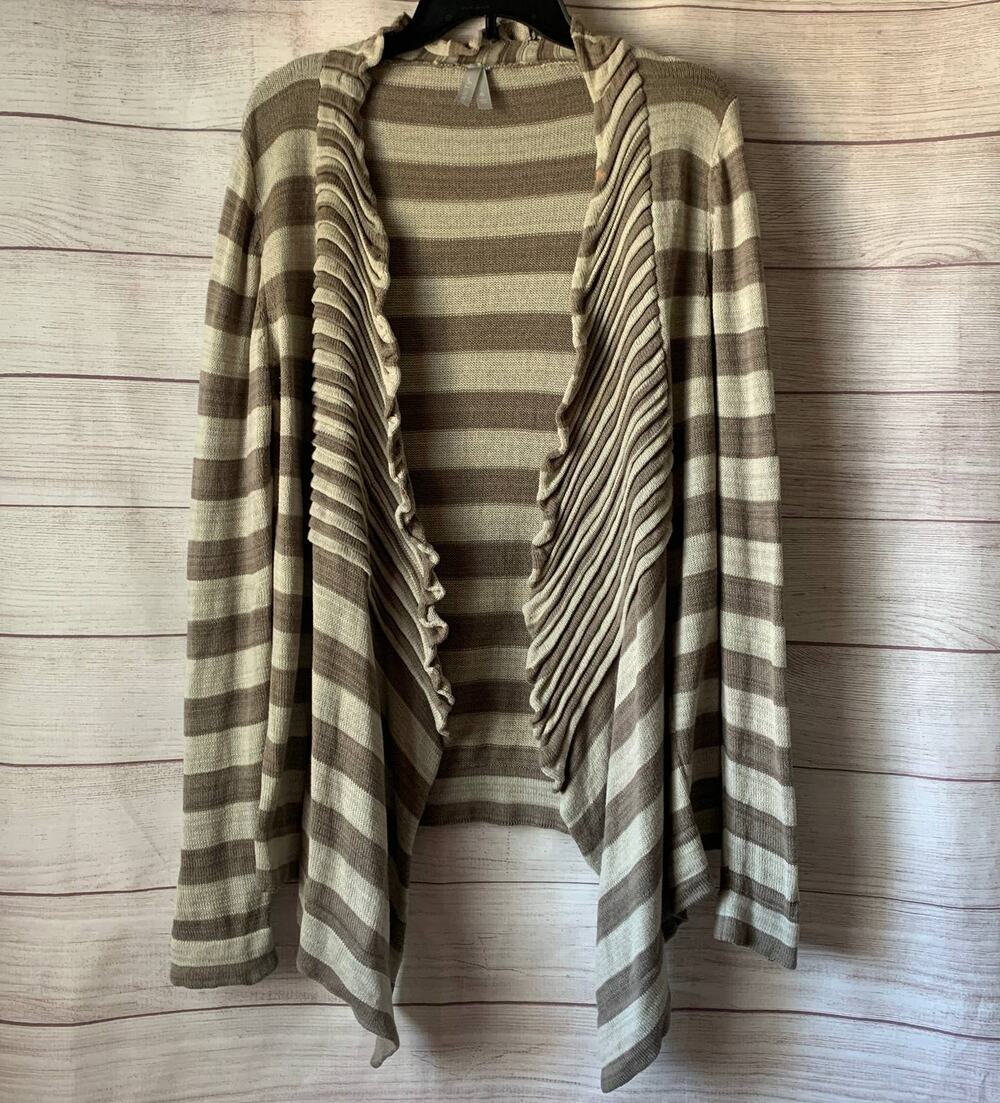 Vanity Cream and Taupe Striped Cardigan with Pleated Detail Size XL
